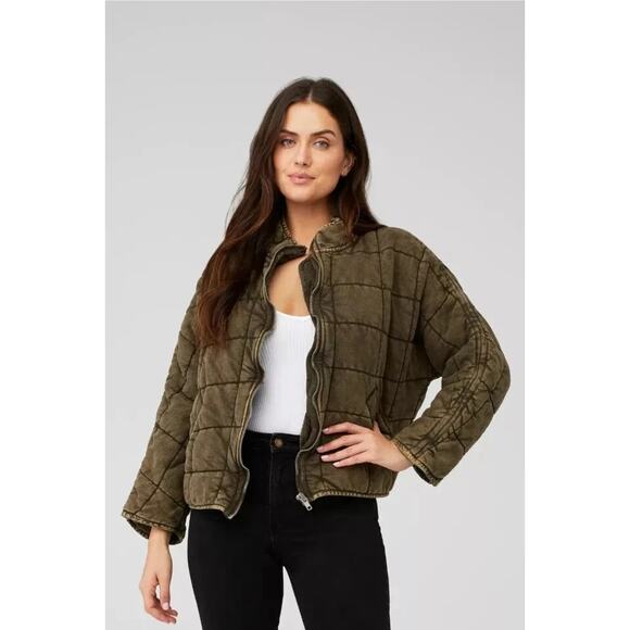 Free People Oversized Quilted Military Green Knit Zip Up Jacket Size M - Picture 1 of 9